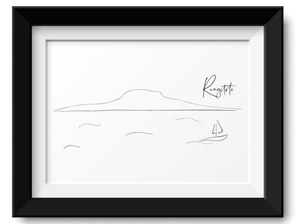 black and white art print of rangitoto island - hand drawn art
