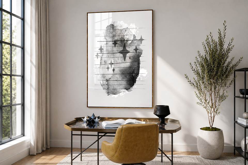 Matariki art print by Willa Black Prints - large scale black and white abstract Matariki print styled in a contemporary NZ study
