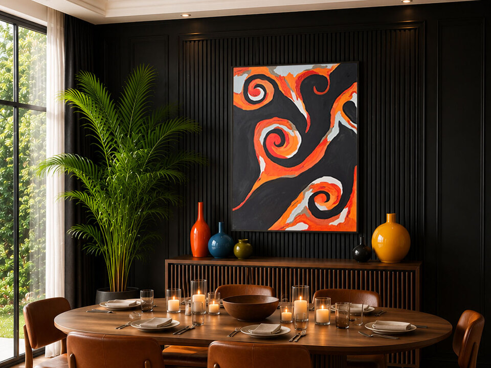 Ahi hand-painted abstract Māori art print on canvas above a dining console — The Elements Collection by Willa Black Prints