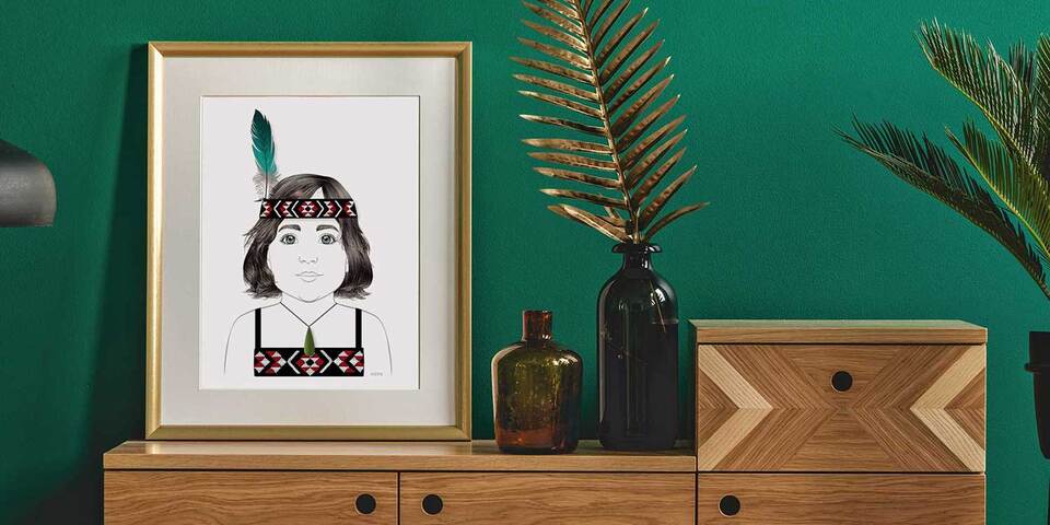 Poto Maori art print by Willa Black Prints - young girl in kapahaka attire styled against a green wall