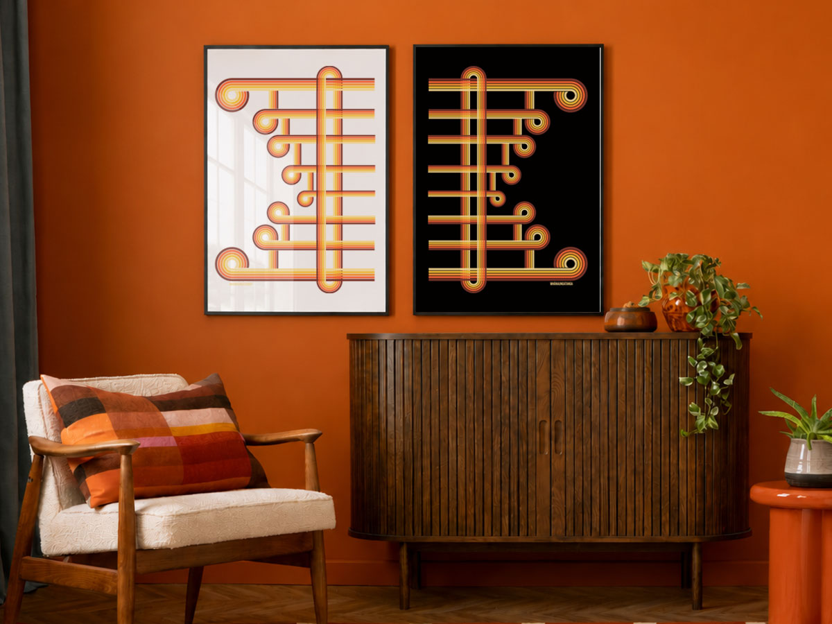 Retro Māori art prints Whanaungatanga in white and black frames above a console — Willa Black Prints NZ