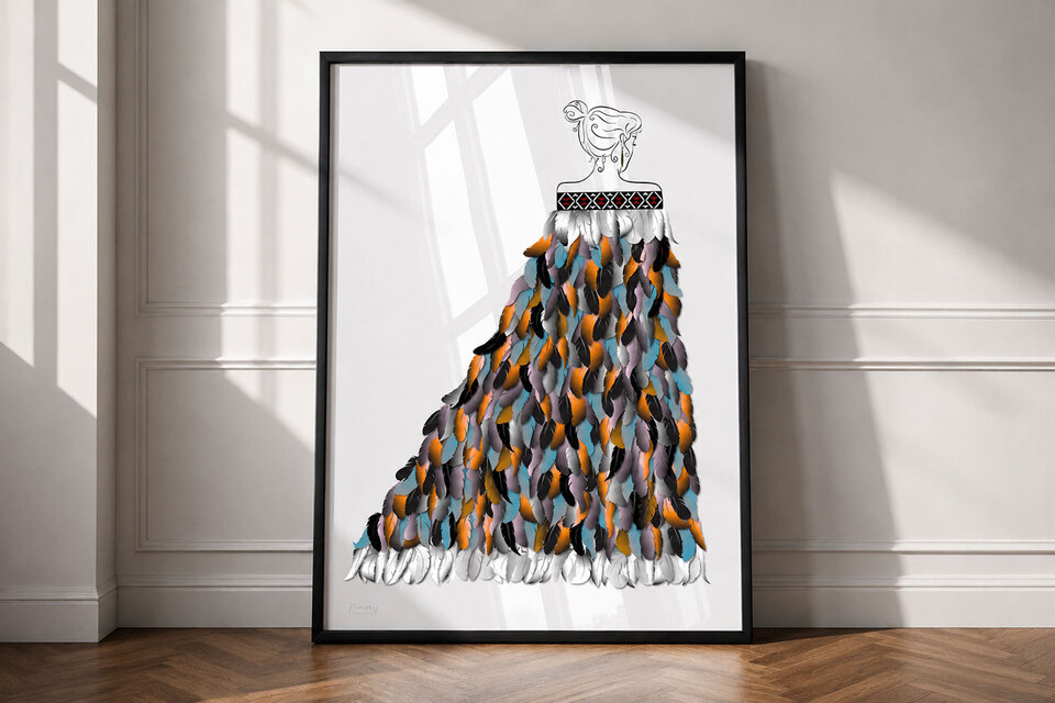 Te Kahu Māori wall art print in black frame against white wall by Willa Black Prints Auckland