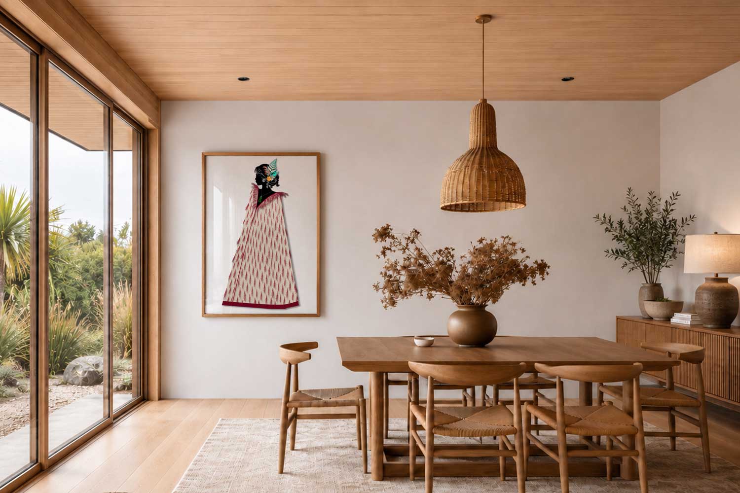 Awhi Mai limited edition Maori art print in timber frame, styled in a dining room above the table - Willa Black Prints