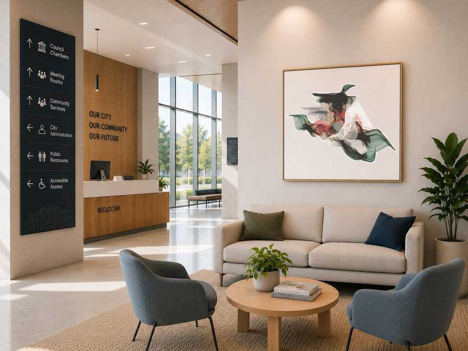NZ abstract wall art print Mallard in a civic building waiting room - Willa Black Prints