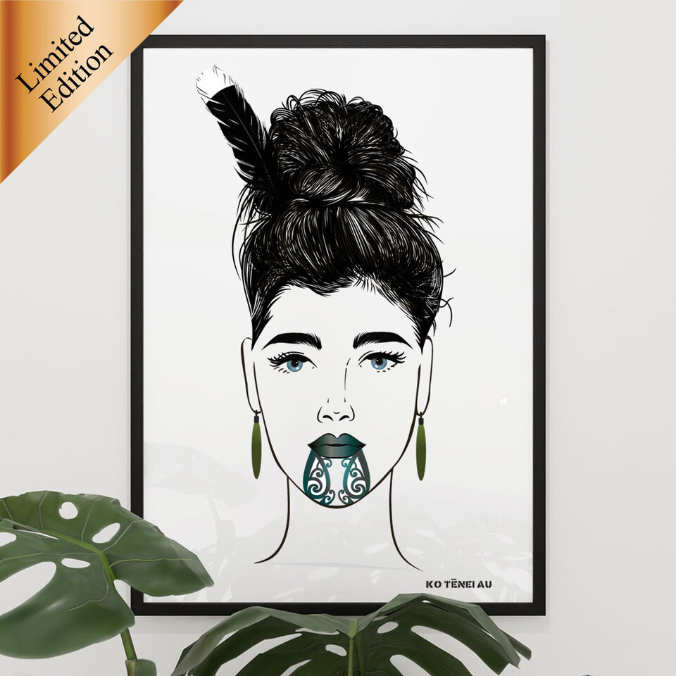 Maori Art Print of Beautiful woman with Moko Kauae