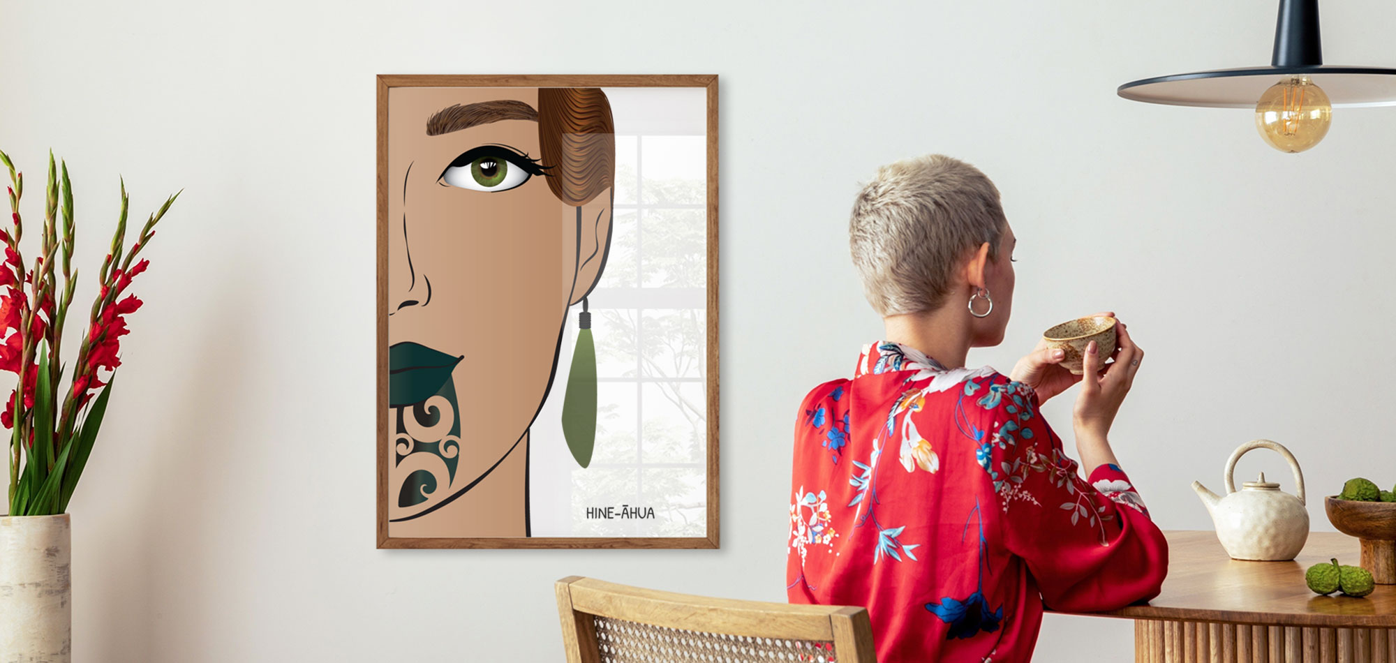 Contemporary Maori art print displayed in a modern New Zealand living room by Willa Black Prints