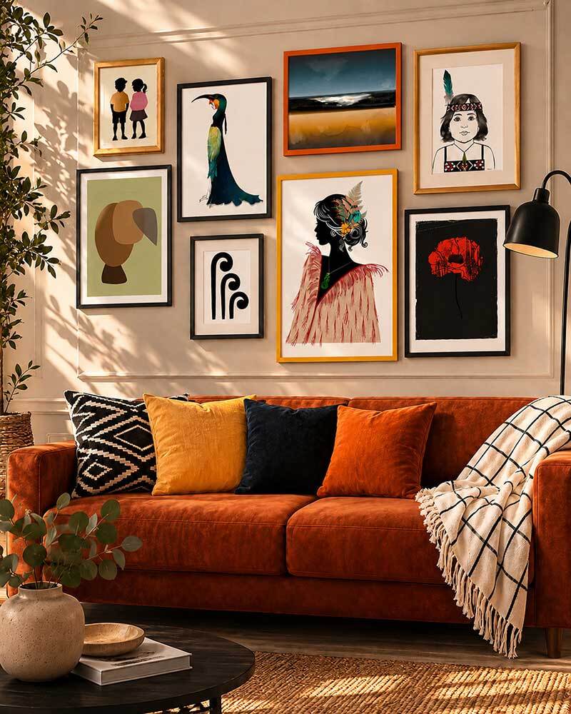 gallery wall of willa black art prints in boho style lounge with burnt orange couch