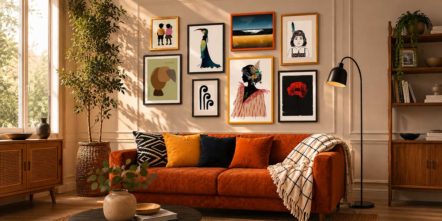 Gallery wall of Willa Black art prints styled in a boho living room with a burnt orange velvet sofa, mixed frames and Maori-inspired NZ wall art prints