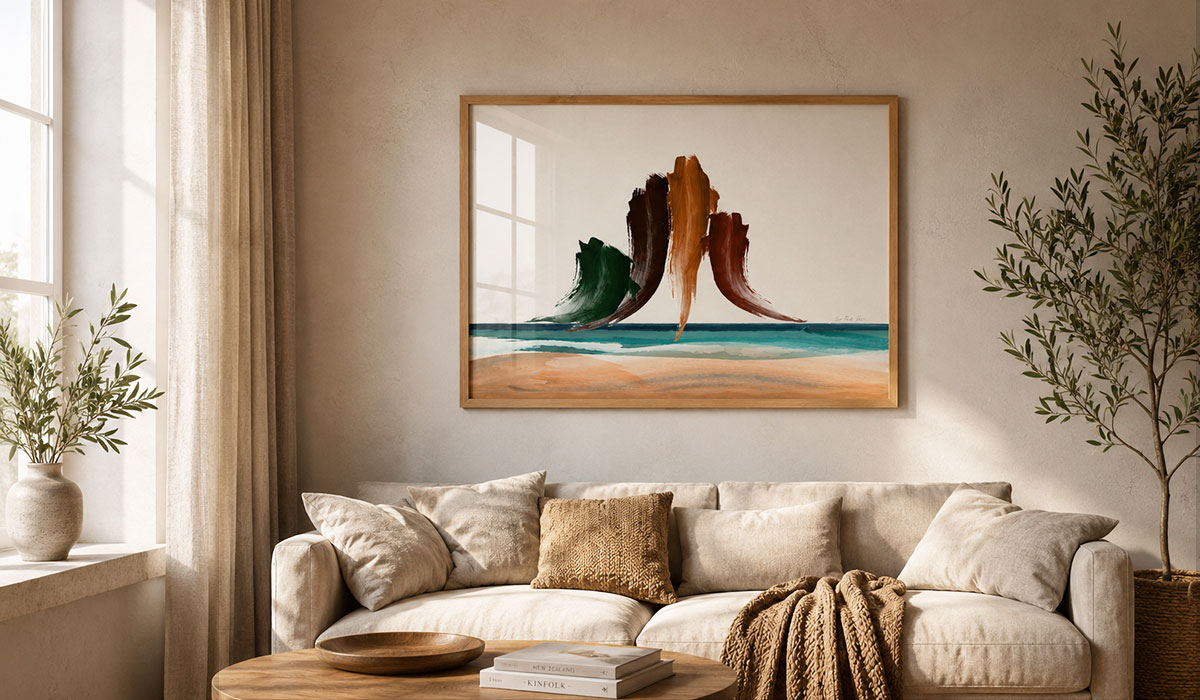 Te Piha New Zealand abstract landscape art print styled above a modern lounge suite, bringing a piece of Aotearoa into a contemporary living room by Willa Black Prints