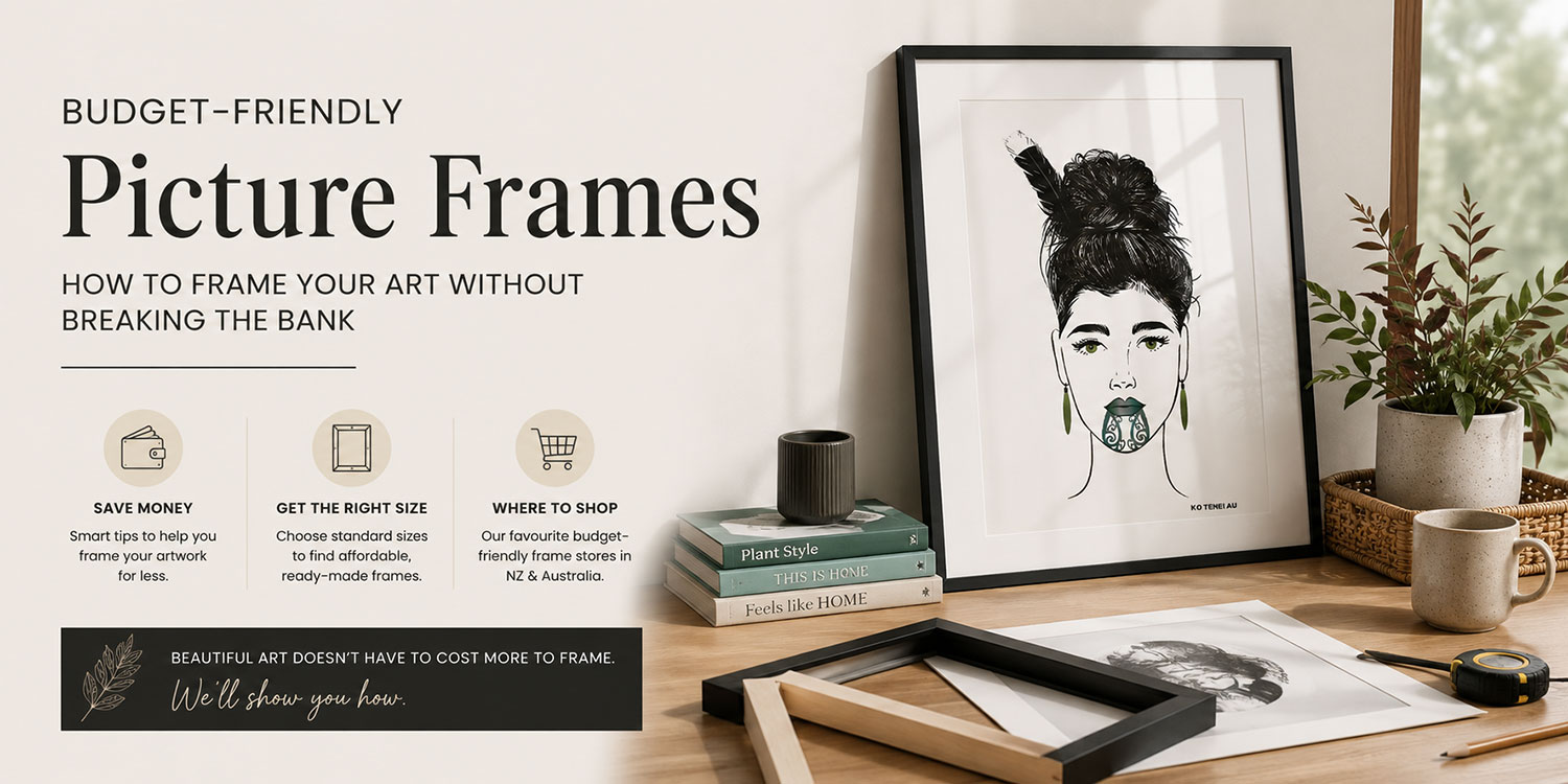 Budget-friendly picture frames guide from Willa Black Prints NZ - how to frame your art without breaking the bank, featuring Ko Tenei Au Maori art print in a black frame styled on a timber desk