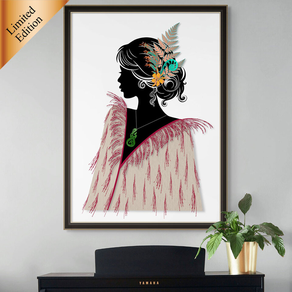 Awhi Mai - limited edition Maori art print by Willa Black Prints supporting Womens Refuge, featuring native flora, korowai cloak and pounamu manaia pendant