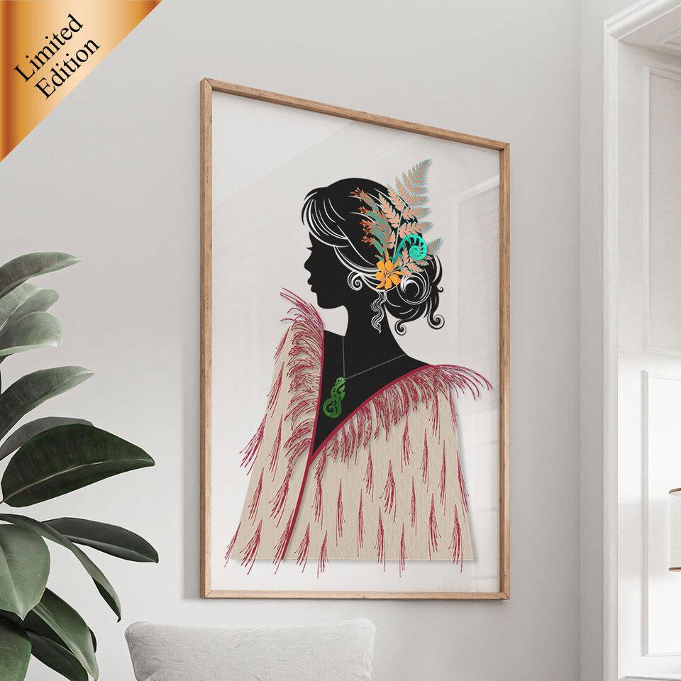 Art print on wall of Maori woman wearing a korowai