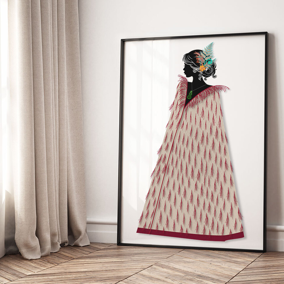Awhi Mai Limited Edition Maori art print by Willa Black Prints NZ - woman wearing a korowai cloak inspired garment with native flora, pounamu manaia pendant and harakeke elements