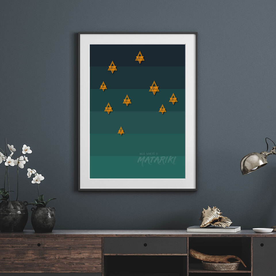 Nga Whetu o Matariki 2025 - contemporary Maori art print celebrating the nine stars of the Matariki cluster, by Willa Black Prints NZ