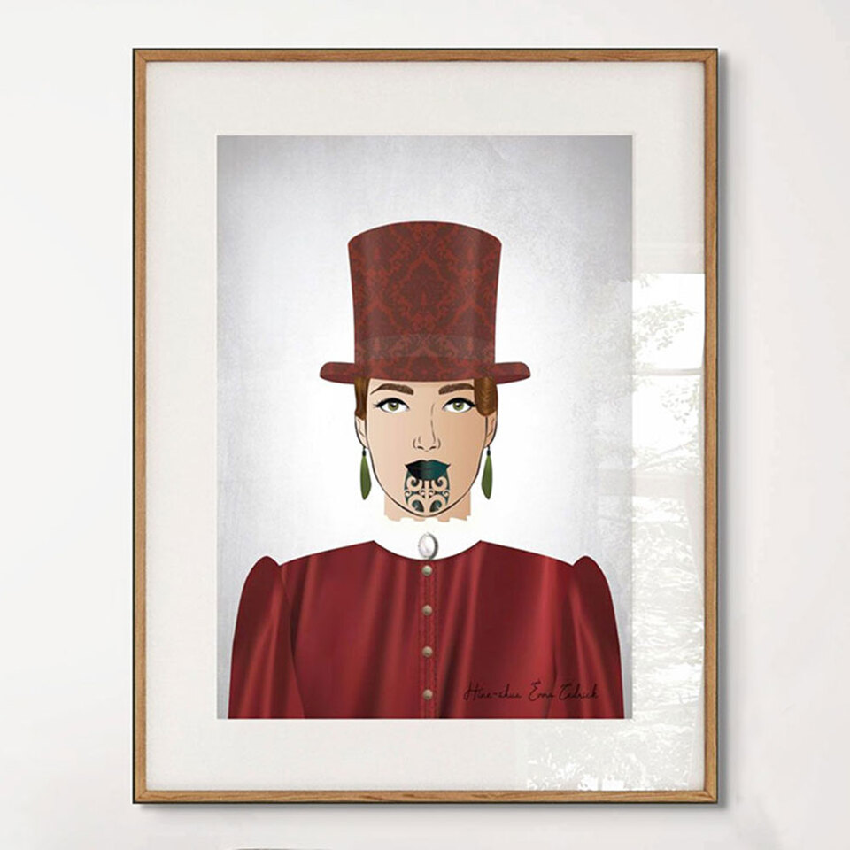 Hineaahua - contemporary Maori wahine portrait art print with moko kauae by Willa Black Prints NZ