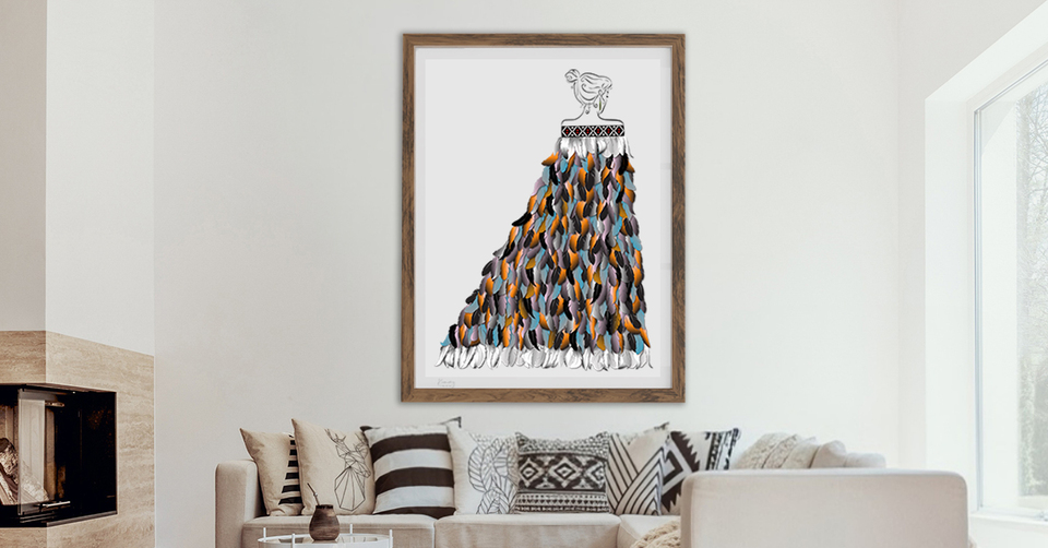 Contemporary Maori Art Print Te Kahu in Frame in Lounge on white wall
