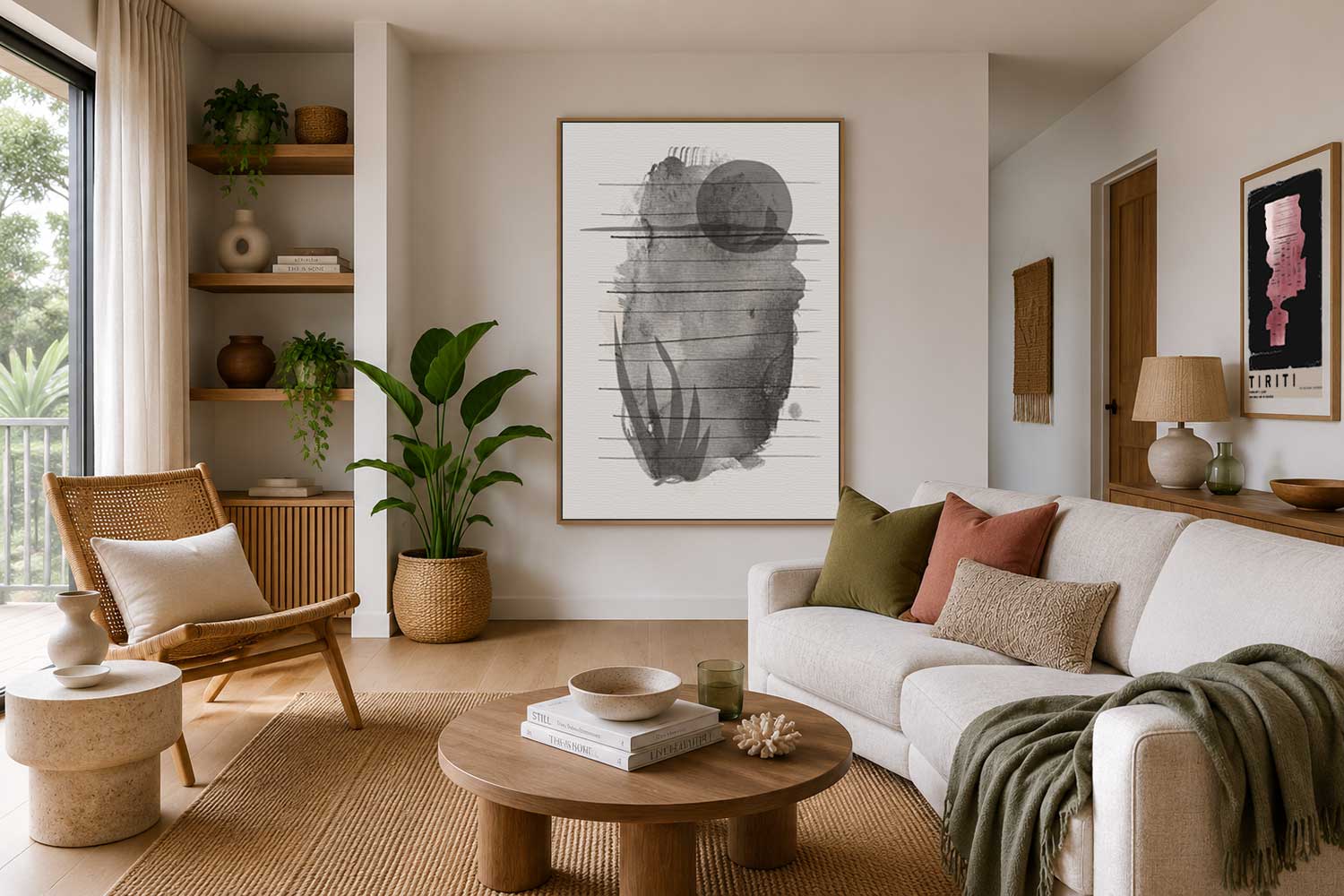 Black and white Maramataka floating canvas print in a natural frame above a sofa, with a Te Tiriti history poster print in a glass natural frame nearby, in an organic modern New Zealand lounge by Willa Black Prints
