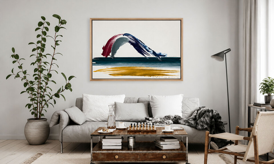 Moutuhōra Whale Island NZ abstract landscape art print by Willa Black Prints in a timber floating frame above a grey sofa - showing correct scale and proportion for wall art above a couch