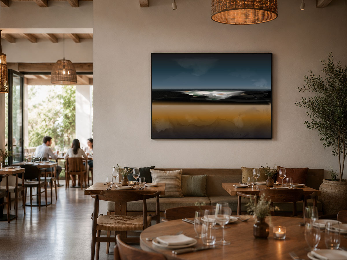 Te Ao Maori abstract art print displayed on a feature wall in a busy New Zealand restaurant and cafe setting, by Willa Black Prints commercial art collection