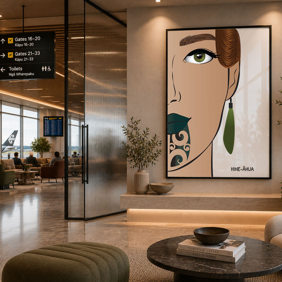 Hineaahua Maori portrait art print displayed in a New Zealand airport terminal, by Willa Black Prints commercial art collection