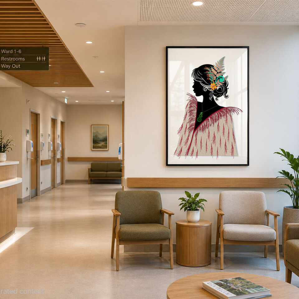Awhi Mai limited edition Maori art print displayed in a hospital waiting room, by Willa Black Prints commercial art collection
