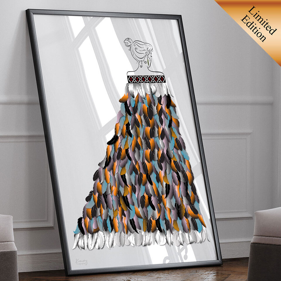 Limited Edition Māori art print of woman wearing Kākahu or Māori feathered cloak by Willa Black Prints NZ