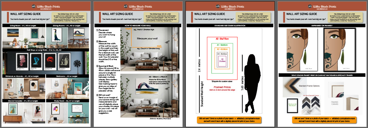 Willa Black Prints Wall Art Sizing Guide - printable PDF showing room-by-room sizing recommendations, how to measure your wall, standard print sizes and framing options