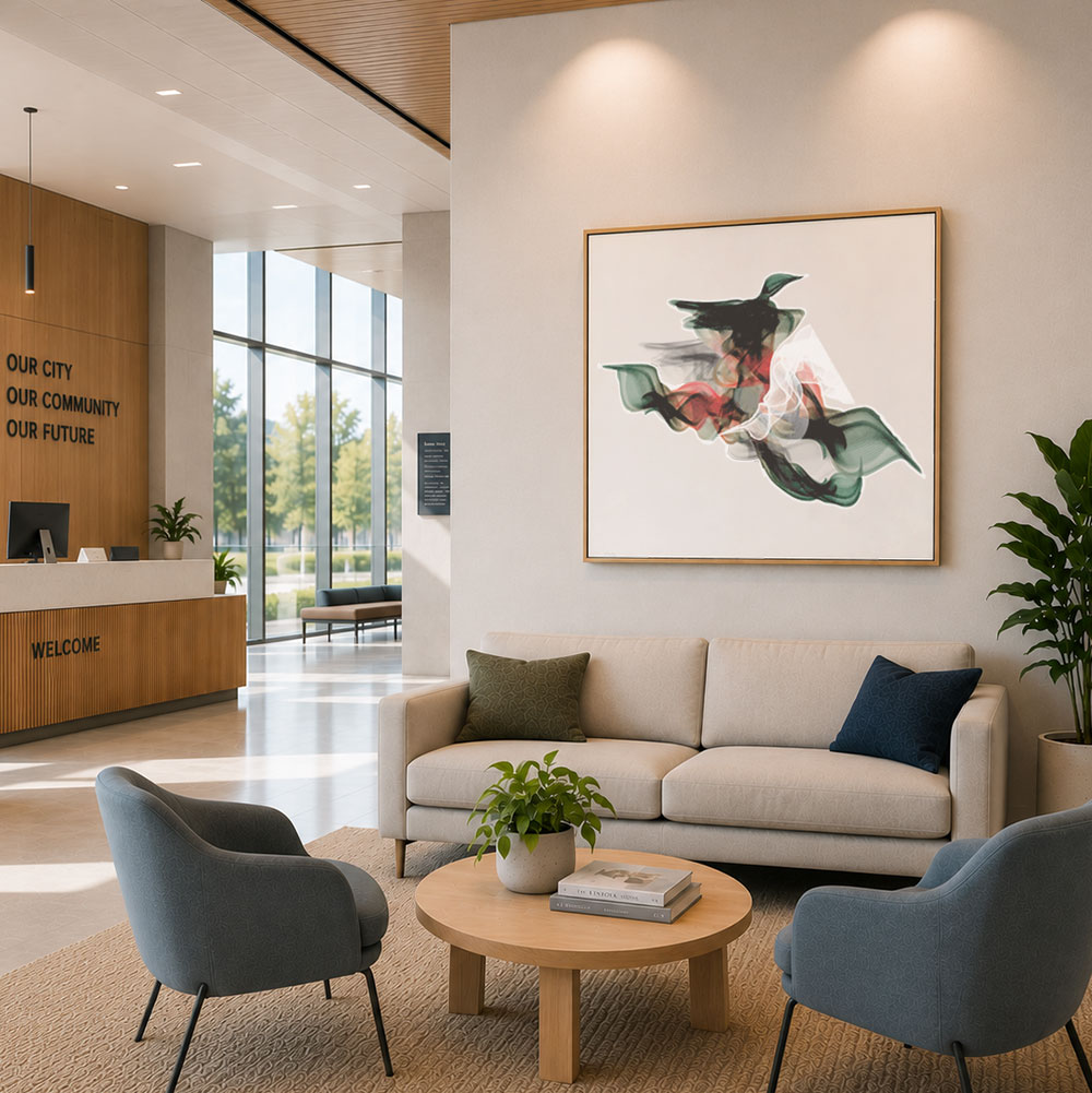 NZ Mallard limited edition art print displayed in a civic council building reception, by Willa Black Prints commercial art collection