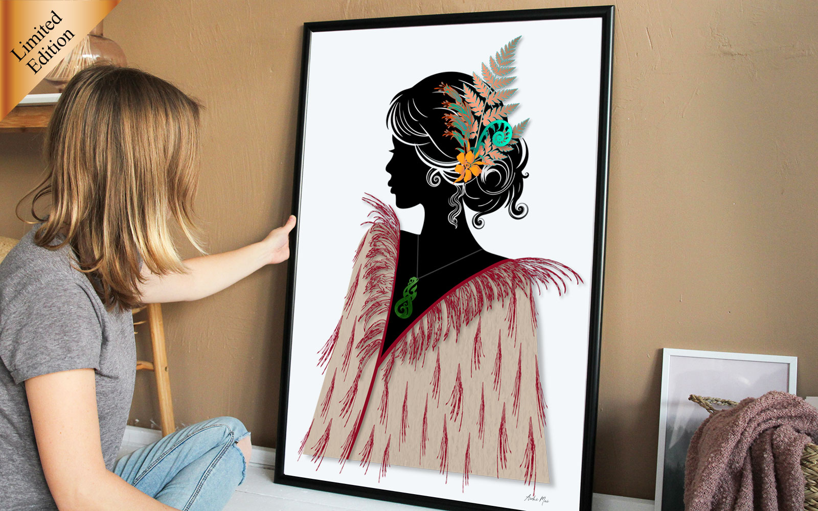 Maori Art Print of Beautiful woman wearing a korowai
