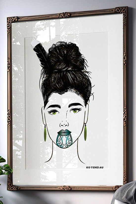 Maori Art Print of Beautiful woman with Moko Kauae by Willa Black Prints nz