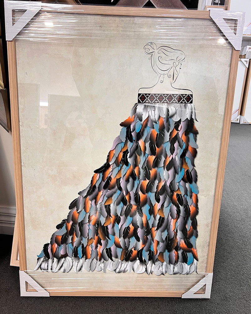 Limited Edition Print of Woman wearing Korowai Cloak in wooden frame by Willa Black Prints NZ