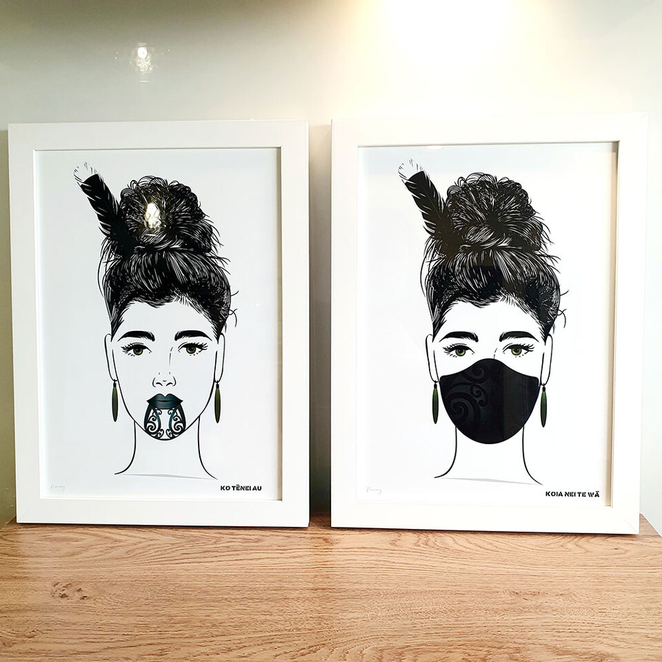 Maori art prints of women with moko kauae and wearing a mask in white frames by Willa Black Prints NZ