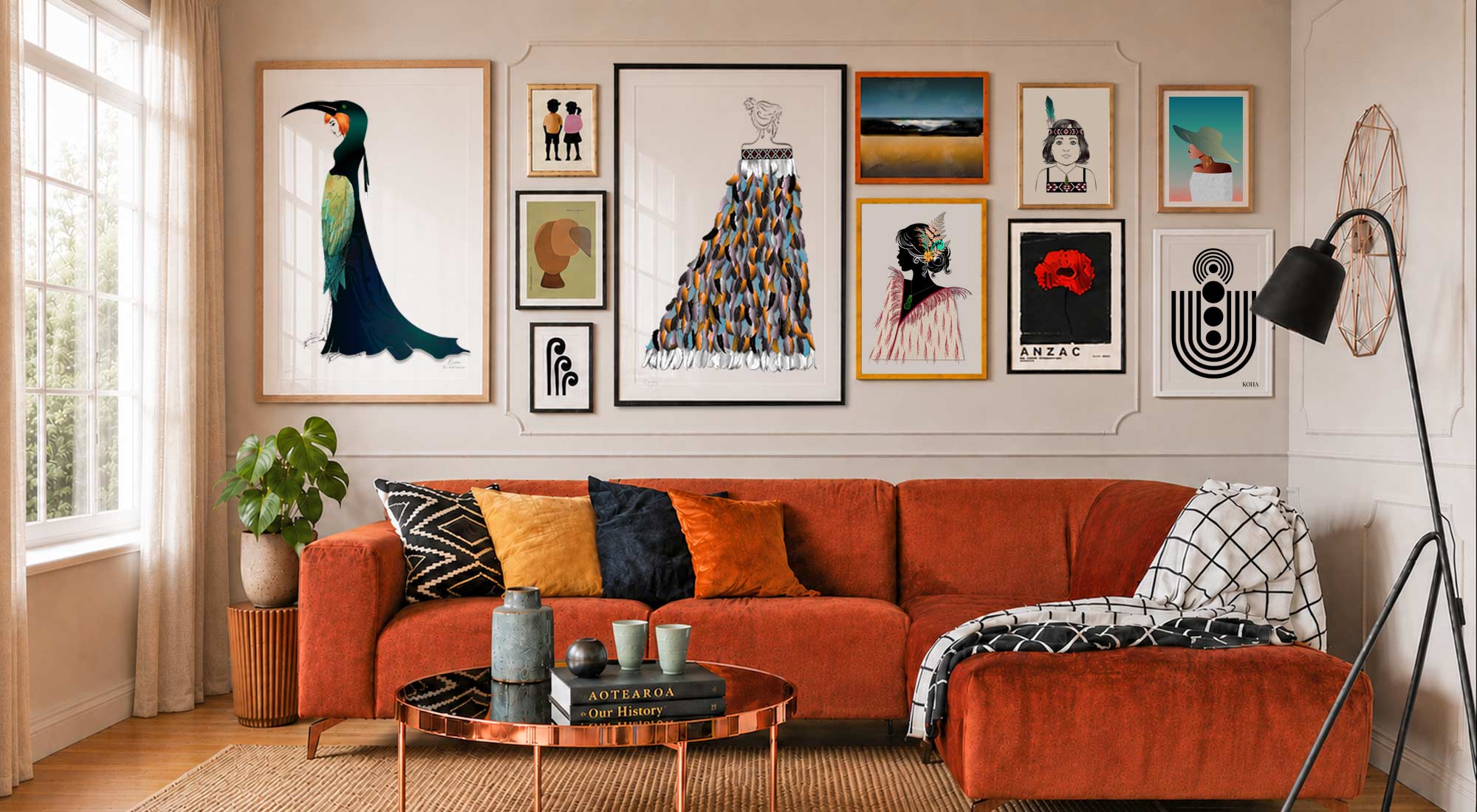 Māori gallery wall art above a burnt orange velvet couch — contemporary NZ wall art prints by Willa Black Prints
