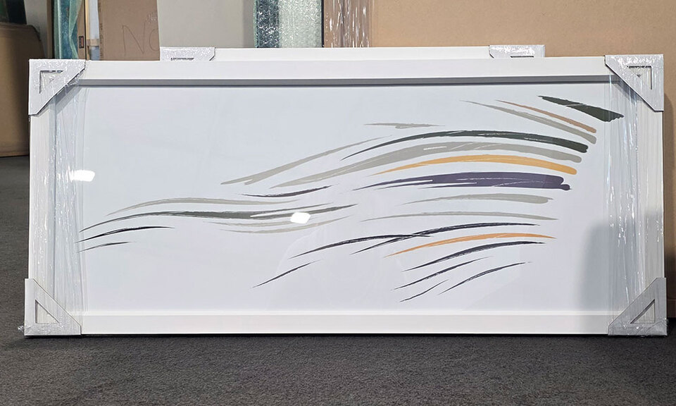 Abstract art print of flying fish over the pacific in long white rectangle frame by Willa Black prints