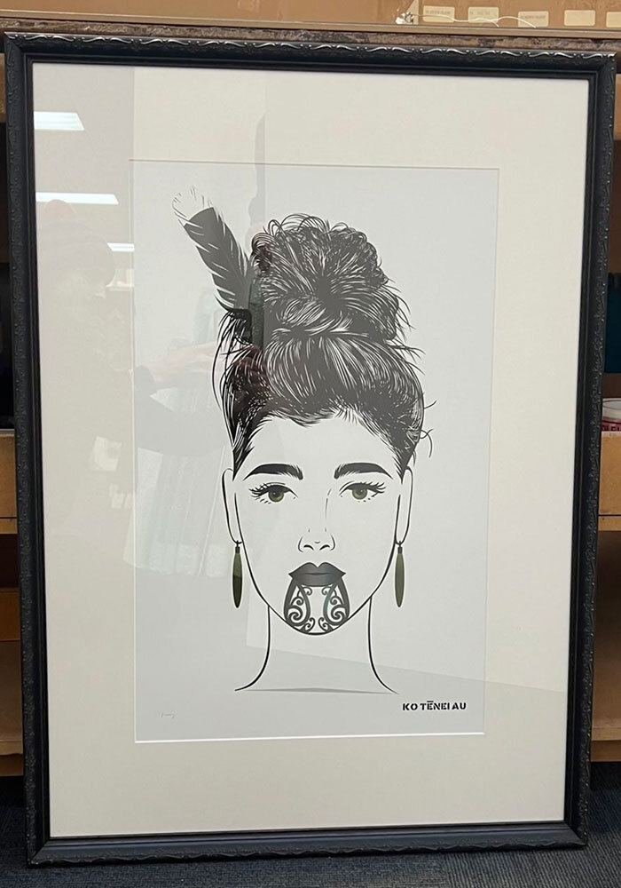 maori art print of maori woman with moko kaua in black frame and mat board by Willa Black Prints NZ
