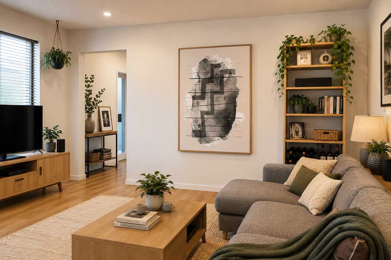 Poutama abstract Maori art print in a blush colour palette styled above a sofa in a rental lounge with beige walls, by Willa Black Prints NZ