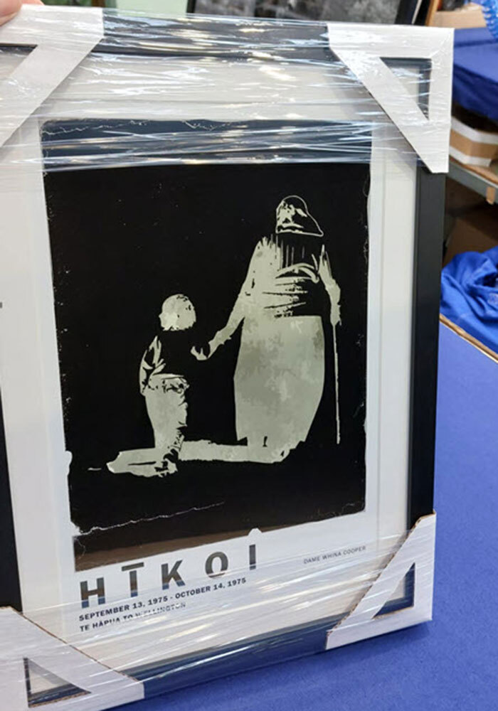 Maori art of nz history of Dame whina cooper and the hikoi to Waitangi in abstract in black frame by Willa Black prints nz